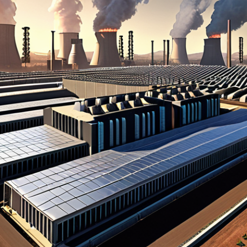 Home 10 **Prompt 1 (Data Center Energy):** A colossal, futuristic data center sprawling across a landscape, filled with rows of intensely glowing servers. Visible energy conduits connect the facility to massive power generators, with heat haze rising from cooling towers, emphasizing its immense energy appetite and scale, in a high-tech, slightly overwhelming style.