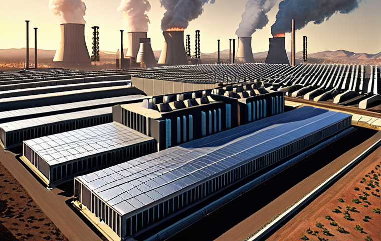 **Prompt 1 (Data Center Energy):** A colossal, futuristic data center sprawling across a landscape, filled with rows of intensely glowing servers. Visible energy conduits connect the facility to massive power generators, with heat haze rising from cooling towers, emphasizing its immense energy appetite and scale, in a high-tech, slightly overwhelming style.