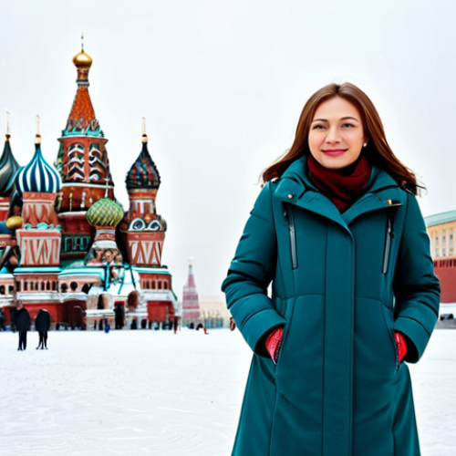 Home 9 **
A professional woman in Moscow, wearing a stylish and modest winter coat, standing in front of Saint Basil's Cathedral on Red Square. The scene should capture the vibrant colors of the buildings against a snowy backdrop. Ensure the woman is fully clothed in appropriate attire. Perfect anatomy, correct proportions, natural pose, safe for work, appropriate content, family-friendly, professional photography, high quality. Focus on a realistic and detailed portrayal of Moscow.
**