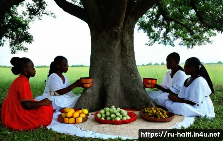아이티와 카리브해 주변국과의 문화 차이 - **Prompt:** A serene and culturally rich Haitian Vodou ceremony. A group of Haitian adults and teena...