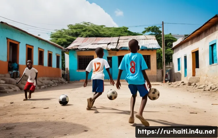 아이티에서 유명한 스포츠 및 인기 있는 종목 - **Haitian Youth Football Dream:** A vibrant, high-angle shot capturing a group of passionate Haitian...