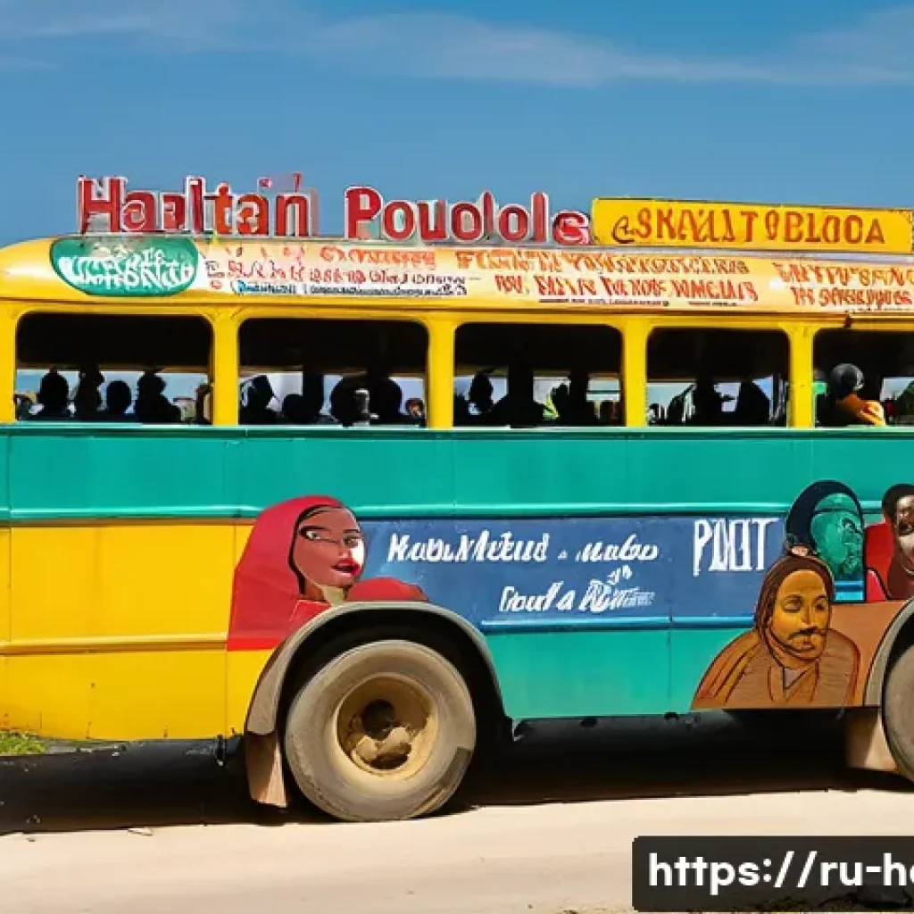 아이티의 교통 시스템  버스 택시 대중교통 - A vibrant Haitian bus crowded with diverse passengers wearing casual clothing and carrying bags, dec...