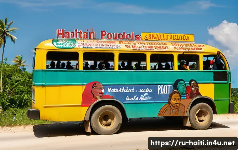 아이티의 교통 시스템  버스 택시 대중교통 - A vibrant Haitian bus crowded with diverse passengers wearing casual clothing and carrying bags, dec...