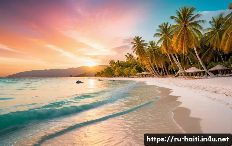 아이티에서 사진 찍기 좋은 명소 추천 - A breathtaking tropical beach scene in Haiti at Playa Café during early morning golden hour, featuri...