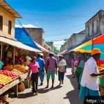 아이티에서 일자리 구하기 위한 가이드 - A bustling Haitian outdoor marketplace scene during the day, featuring diverse local vendors selling...