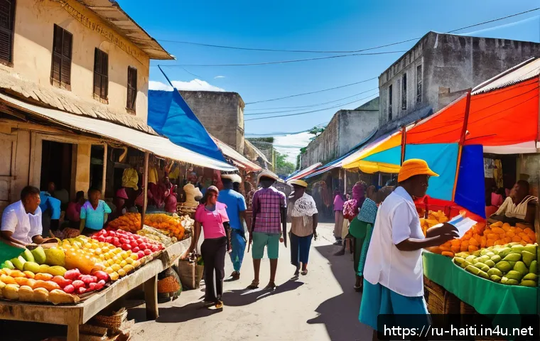 아이티에서 일자리 구하기 위한 가이드 - A bustling Haitian outdoor marketplace scene during the day, featuring diverse local vendors selling...