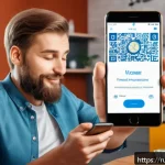 아이티에서 해외 송금 및 은행 시스템 - A modern digital illustration of a young Russian man using a mobile banking app on his smartphone at...