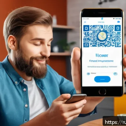 아이티에서 해외 송금 및 은행 시스템 - A modern digital illustration of a young Russian man using a mobile banking app on his smartphone at...