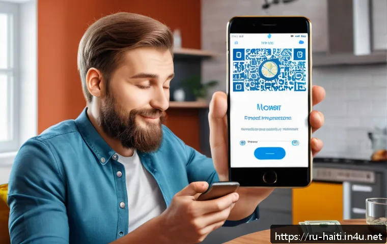 아이티에서 해외 송금 및 은행 시스템 - A modern digital illustration of a young Russian man using a mobile banking app on his smartphone at...