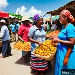 아이티에서 성공적인 마케팅 전략 - A vibrant Haitian marketplace scene showcasing local consumers influenced by cultural traditions, wi...