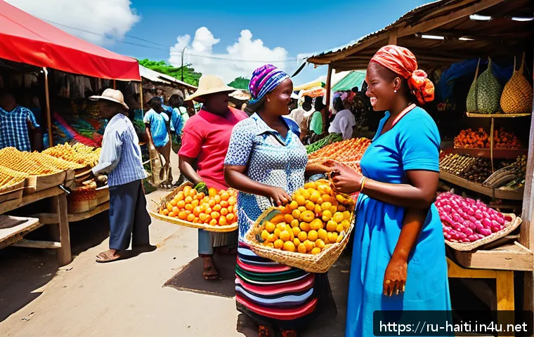 아이티에서 성공적인 마케팅 전략 - A vibrant Haitian marketplace scene showcasing local consumers influenced by cultural traditions, wi...