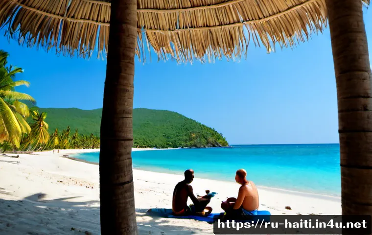 아이티의 기후와 여행하기 좋은 계절 - Photorealistic Haiti travel scene during the dry season, sunny Caribbean beach near Jacmel with turq...